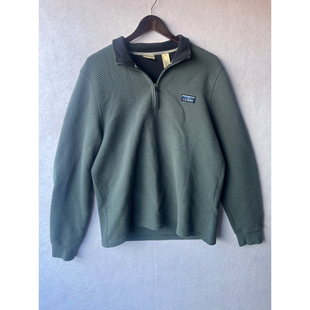 LL Bean Mens Quarter Zip Pullover Sage Green Ribbed Textured Sweater 520811 Med